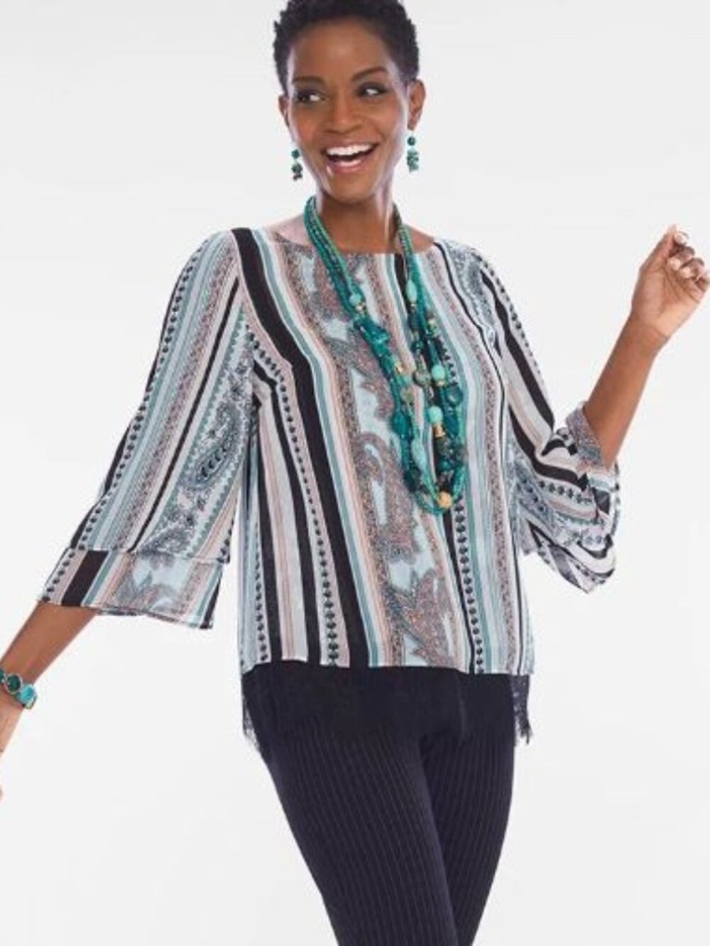 Chico's Paisley Striped Tiered-Sleeve Top Size 3 (XL)